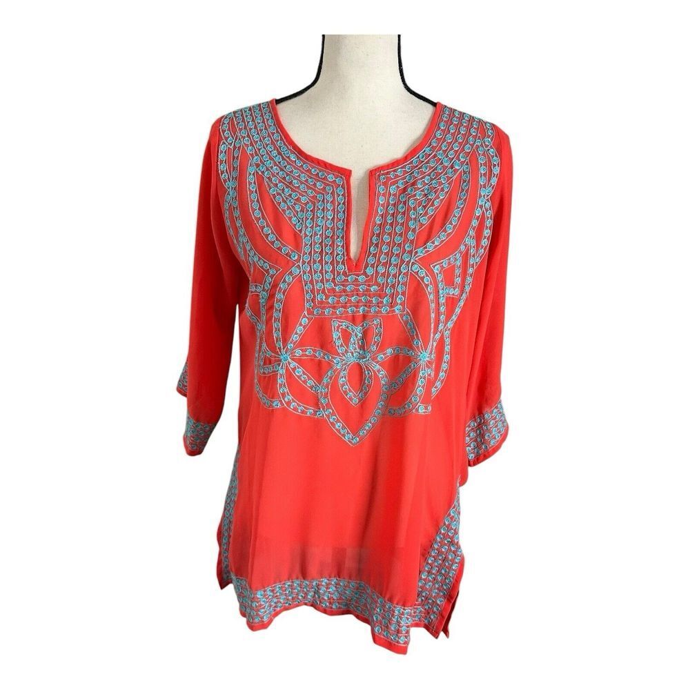 GRETCHEN SCOTT DESIGNS Red and Blue Split‎ Neck 3/4 Sleeve Tunic Top Size Small